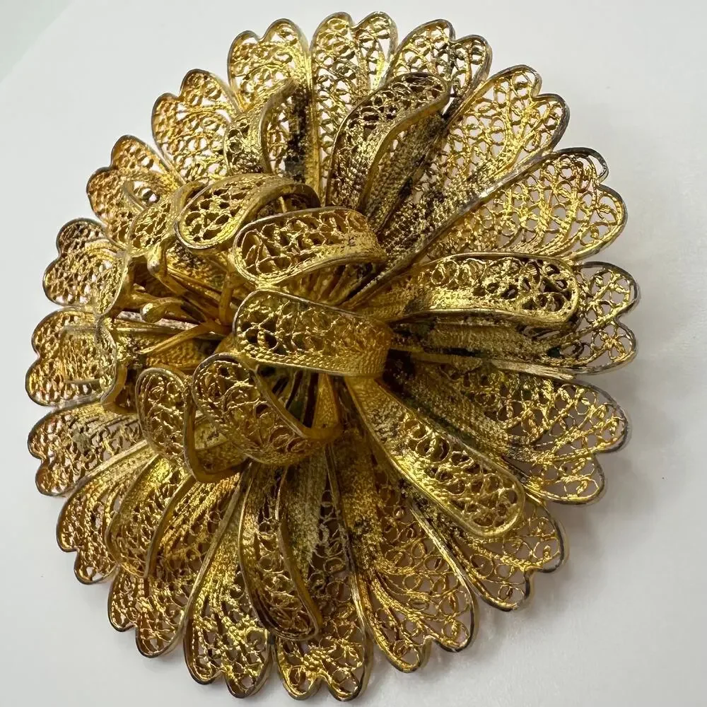 Antique 800 silver gold vermeil filigree large 3D flower brooch signed 16.68g - Picture 4 of 10
